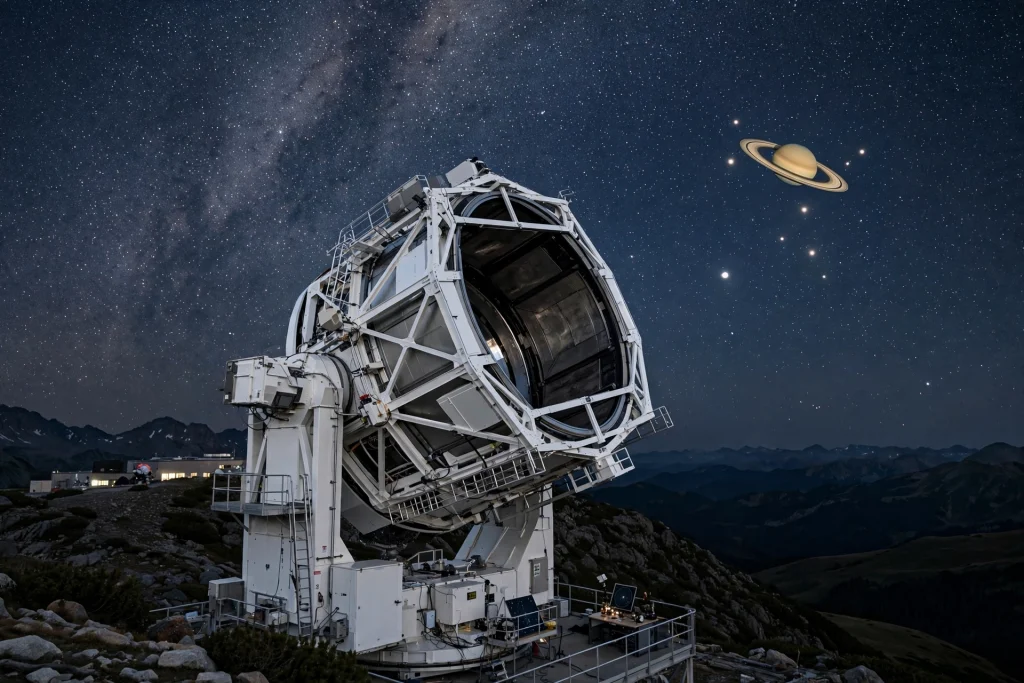 Romantic night sky view of Saturn and its rings above a countryside celebration