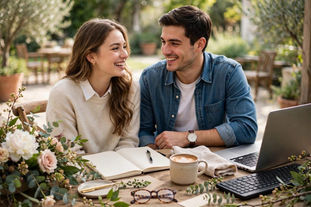 Young couple planning their wedding budget together at a bright table with flowers, a notebook and a laptop