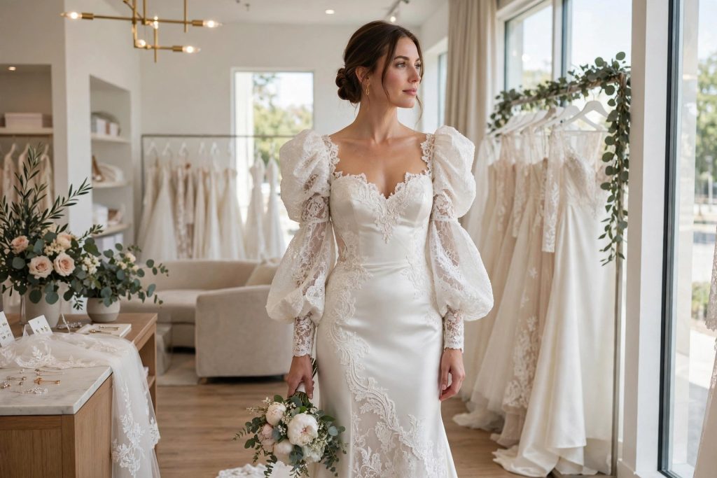 Bride in an elegant 2026 satin wedding dress with lace detail and statement sleeves in a bright bridal boutique